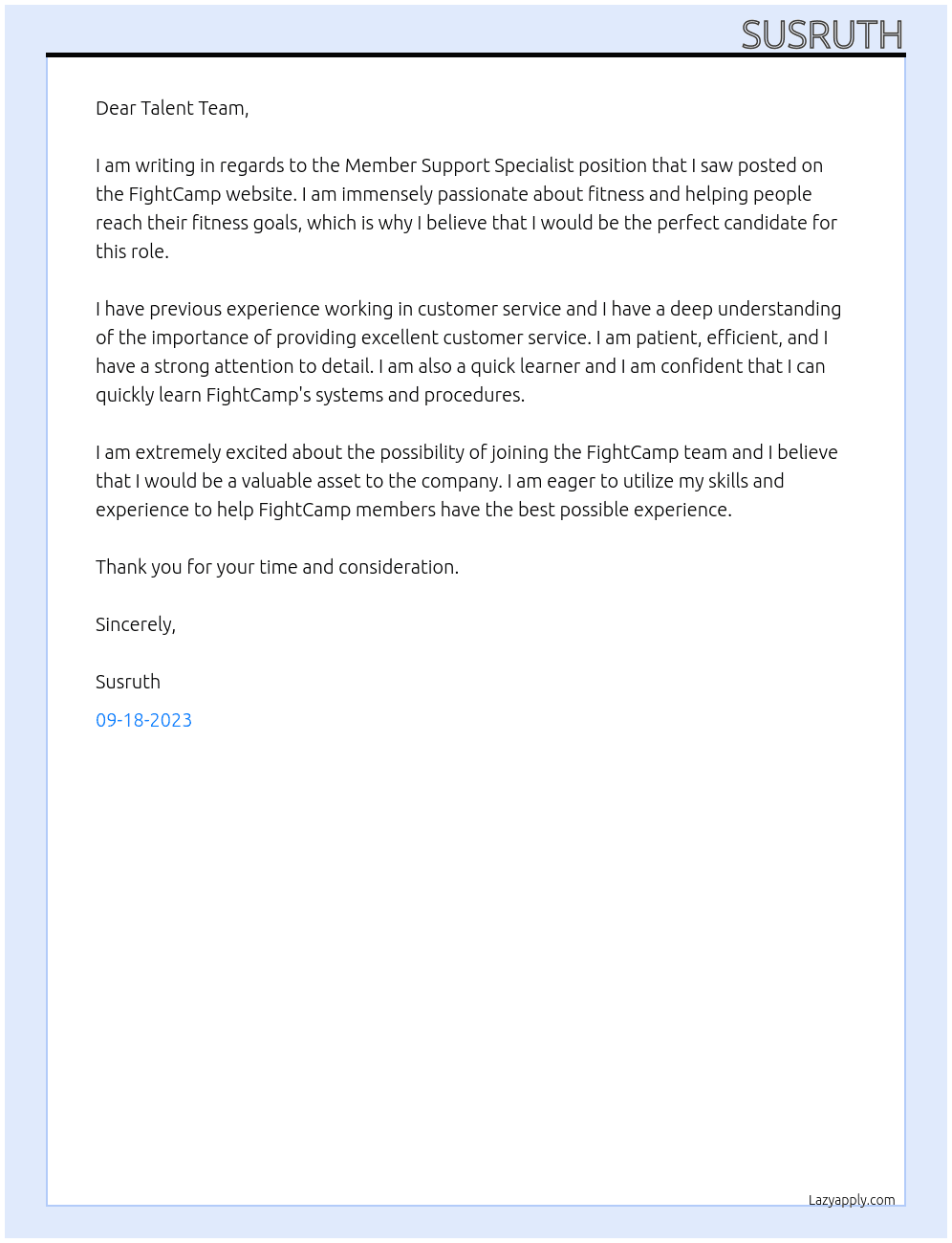 Member Support Specialist  At FightCamp Cover Letter