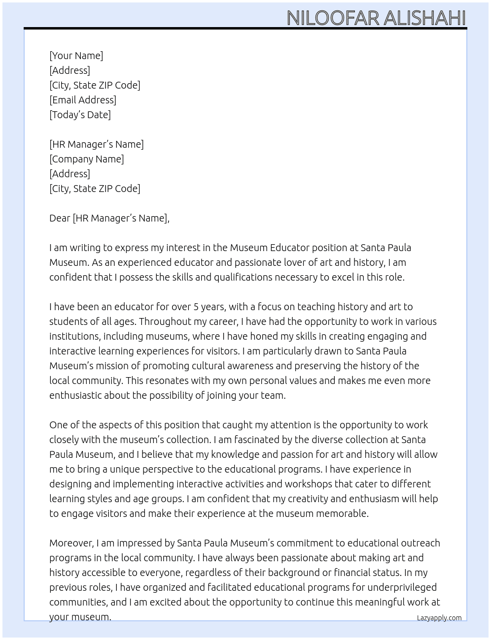 Museum educator  At Santa Paula museum  Cover Letter
