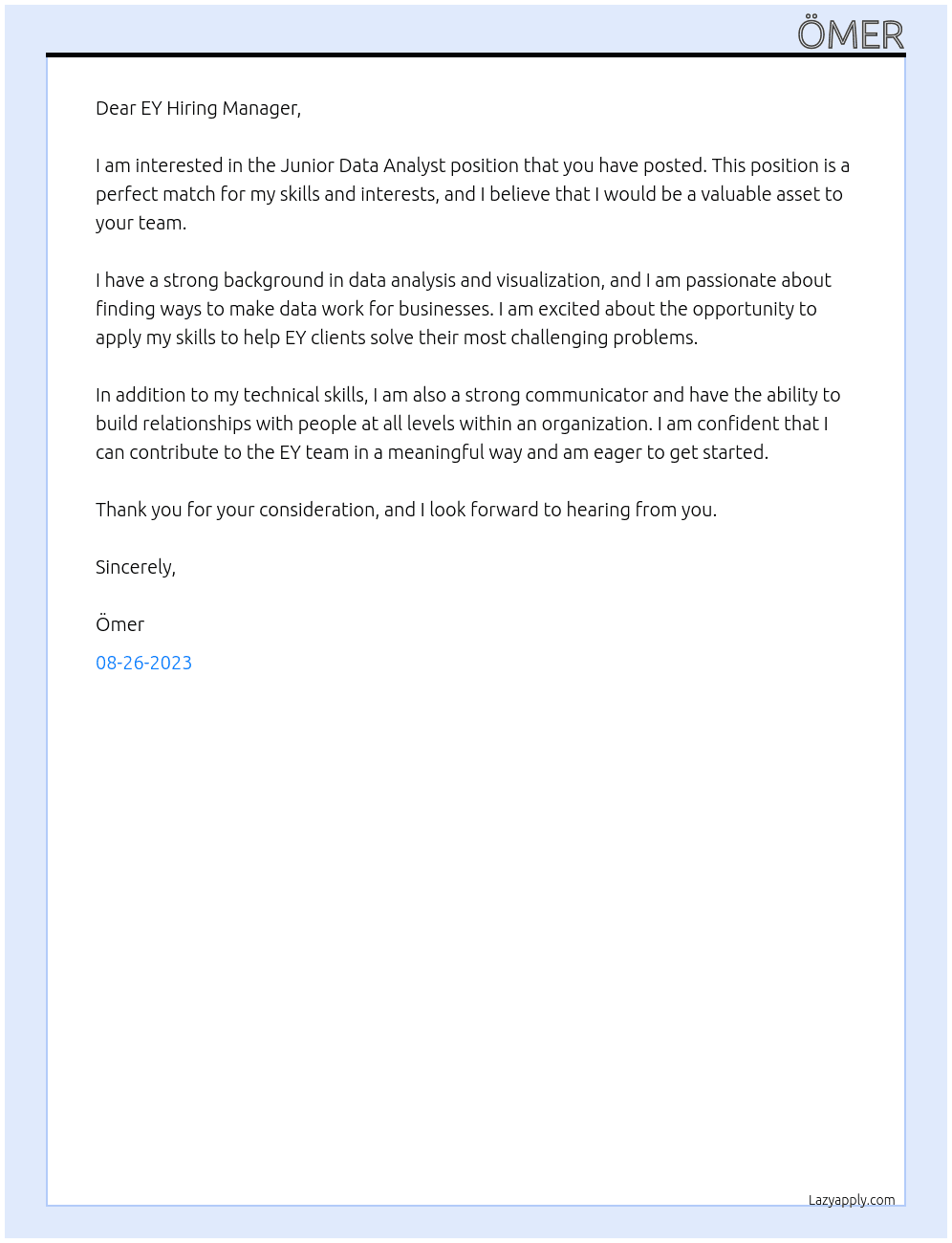 Junior Data Analyst At EY Cover Letter