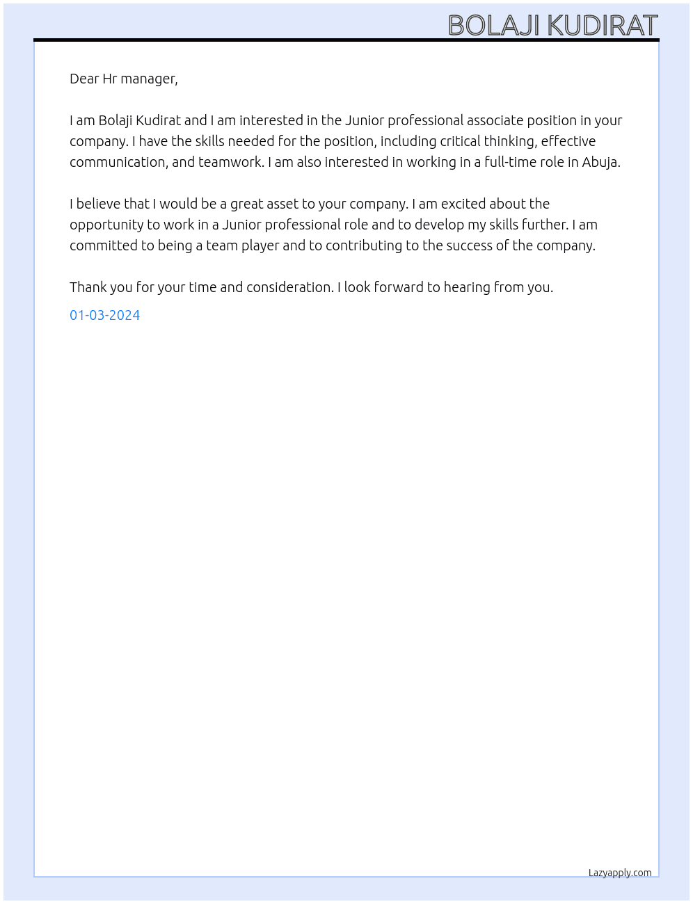 Junior professional associate  At Junior professional associate  Cover Letter