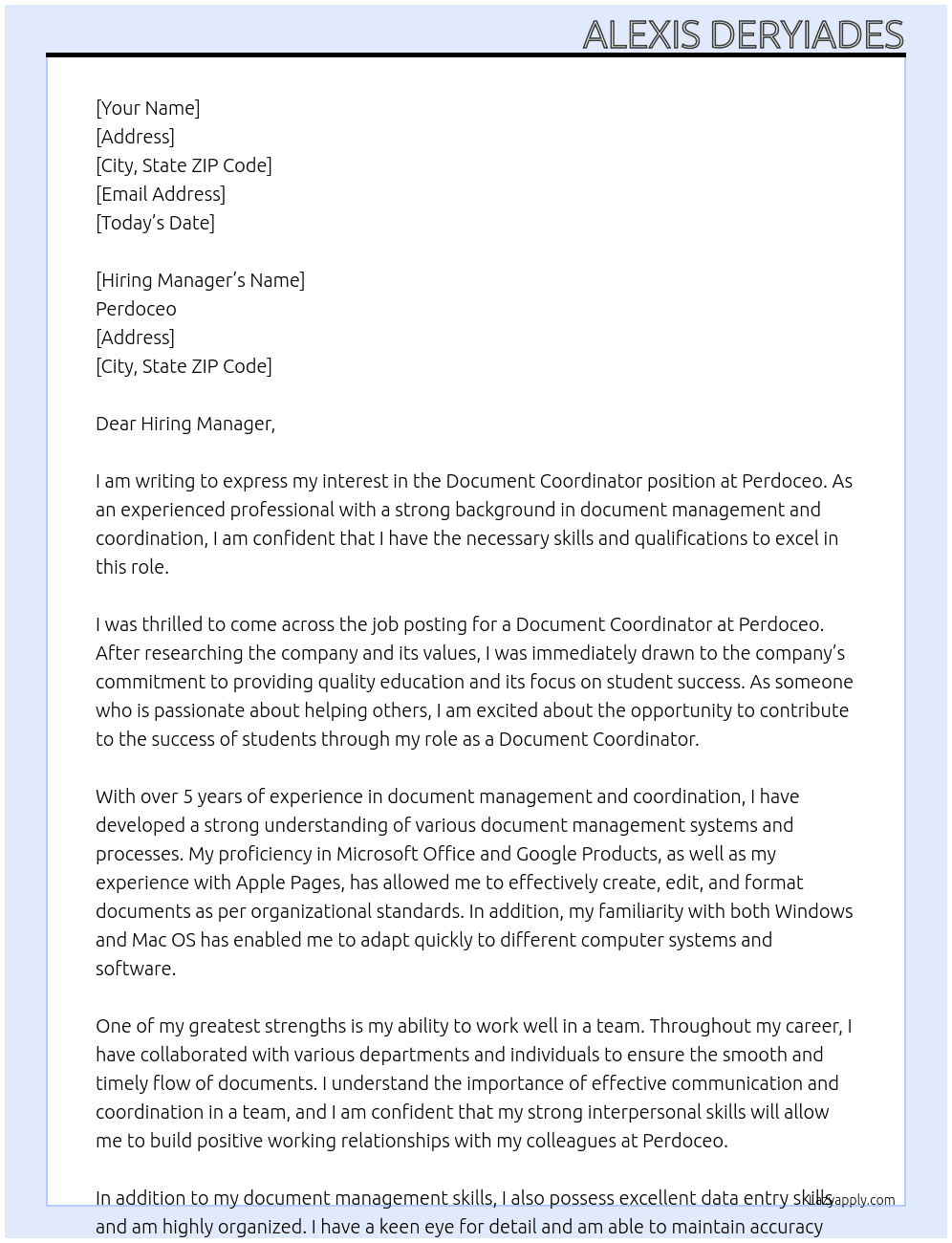 Document Coordinator  At Perdoceo Cover Letter