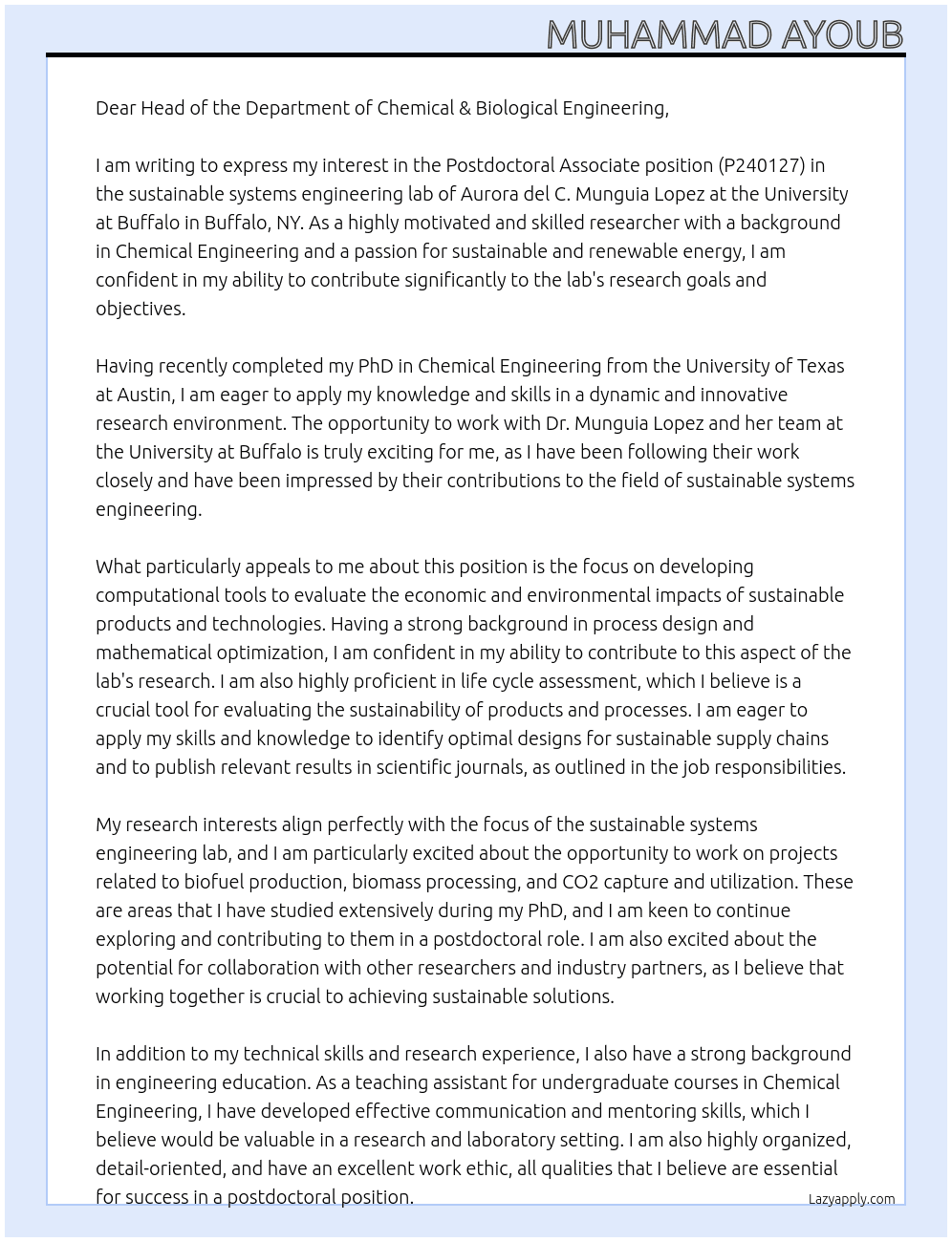 P240127 - Postdoctoral Associate- Chemical & Biological Engineering At University at Buffalo Buffalo, NY Cover Letter