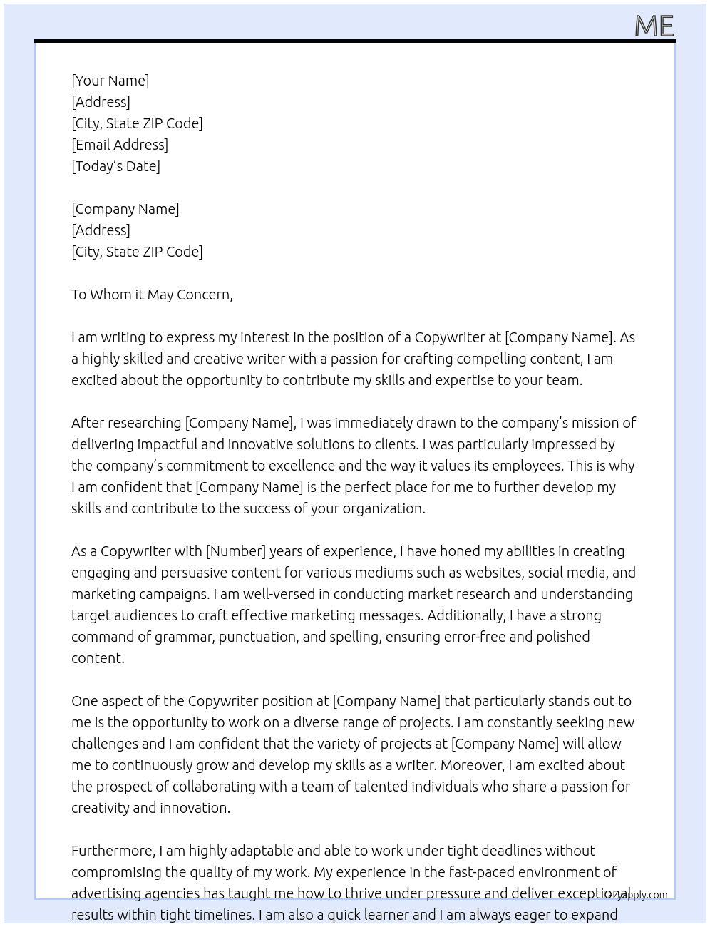 Copywriter At Company Cover Letter