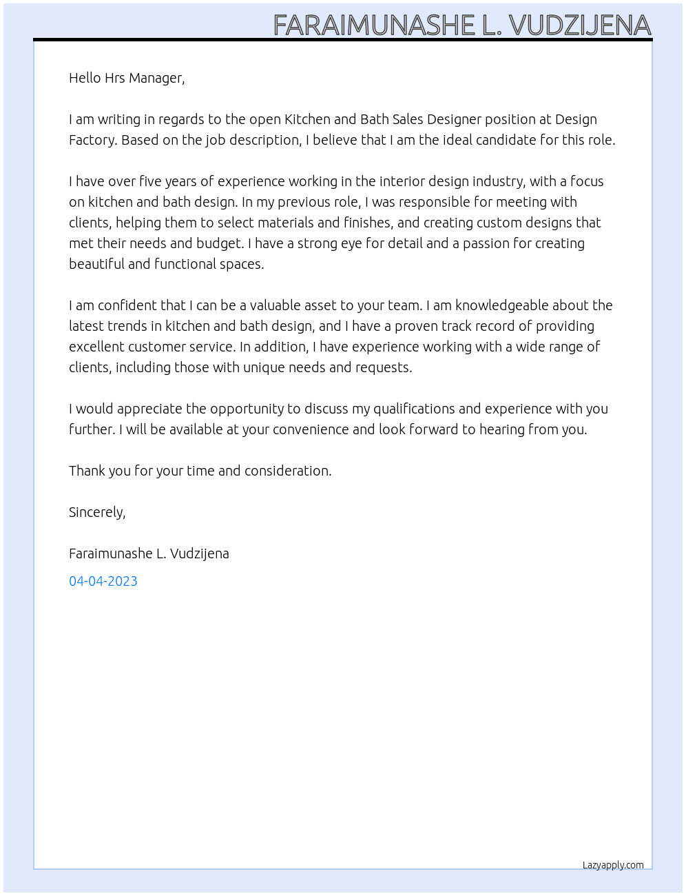 Kitchen and bath sales designer  At Design Factory  Cover Letter