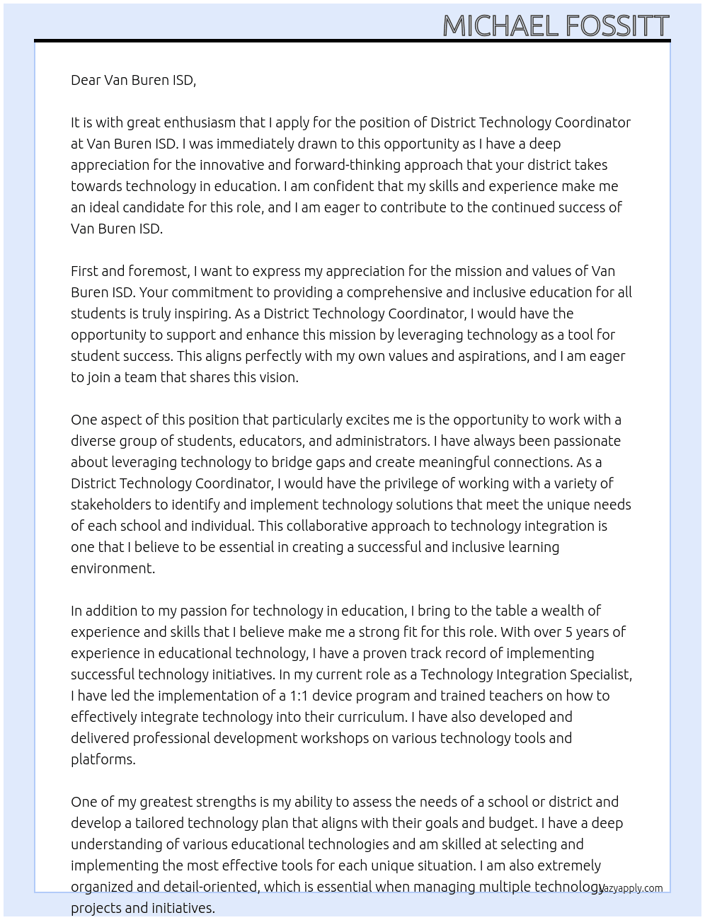 district technology coordinator At Van Buren ISD Cover Letter