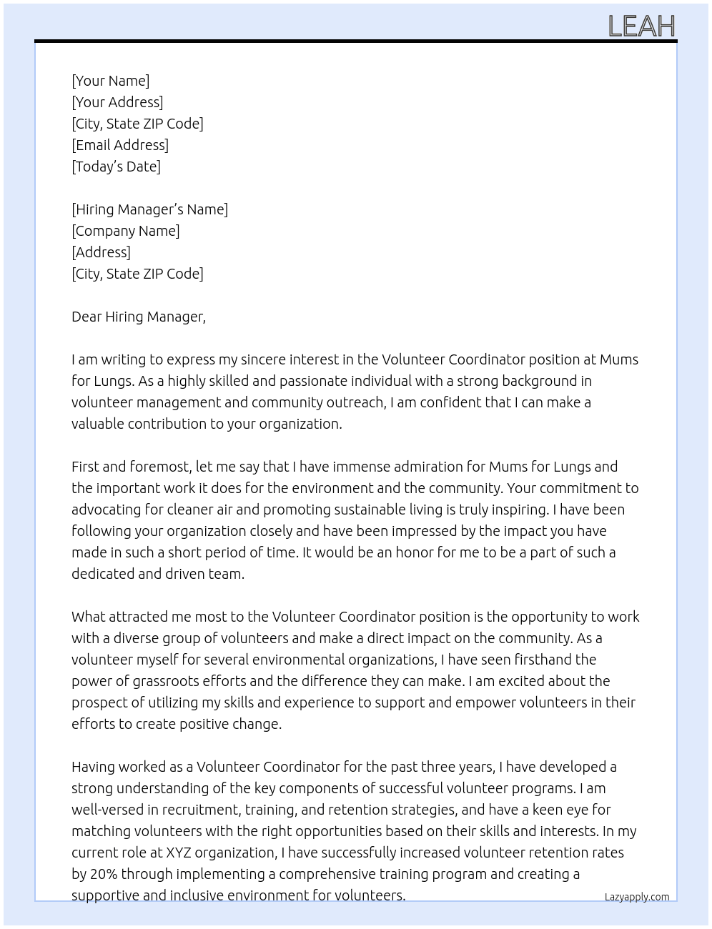 Volunteer Coordinator  At Mums for Lungs Cover Letter