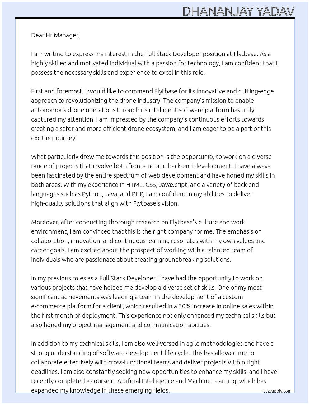 full stack developer At flytbase Cover Letter