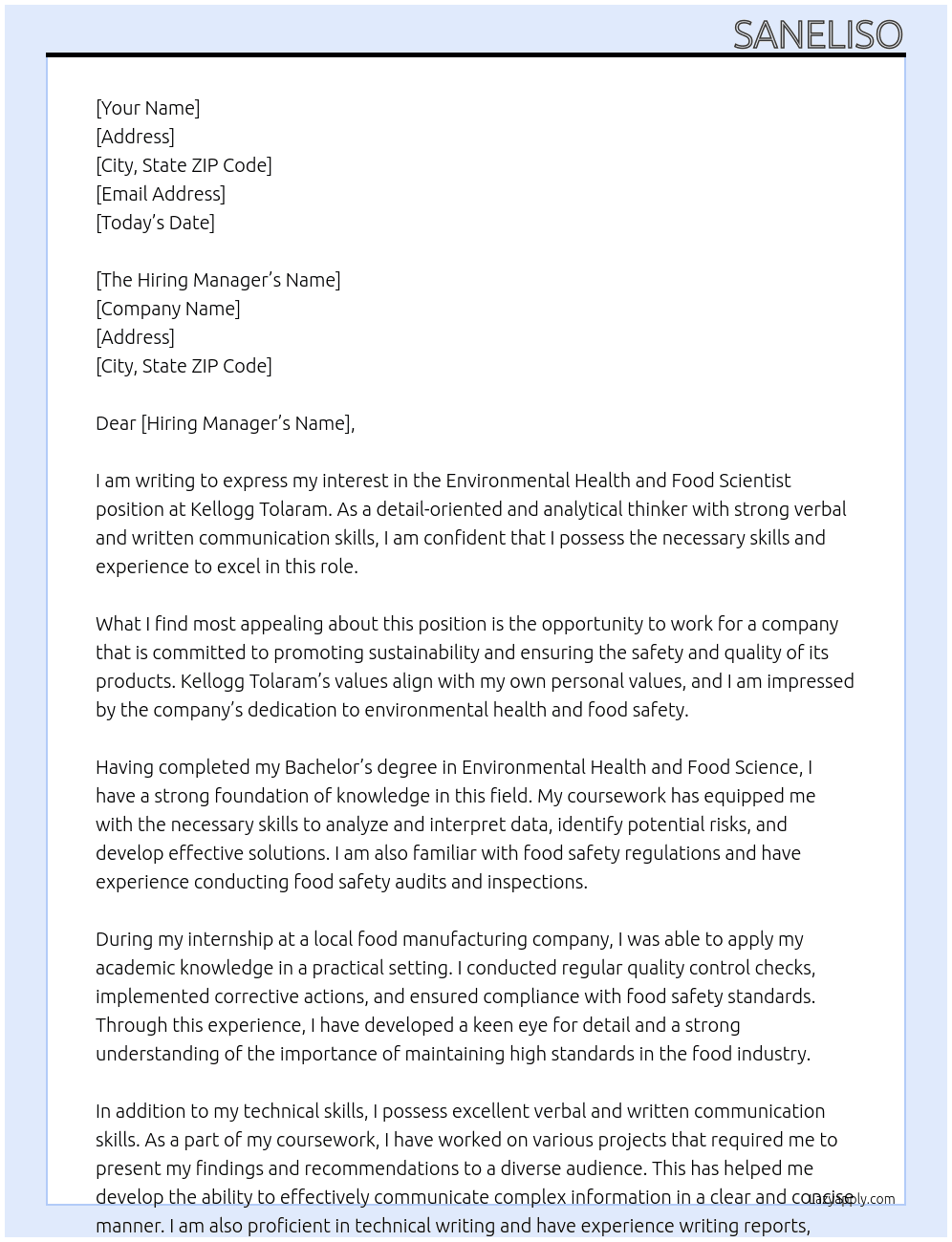 Environmental Health and Food Scientist  At Kellogg Tolaram Cover Letter