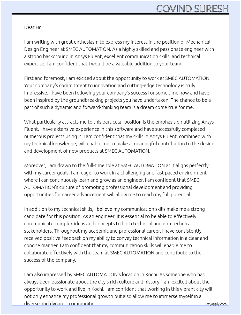 Mechanical Design Engineer At SMEC AUTOMATION Cover Letter