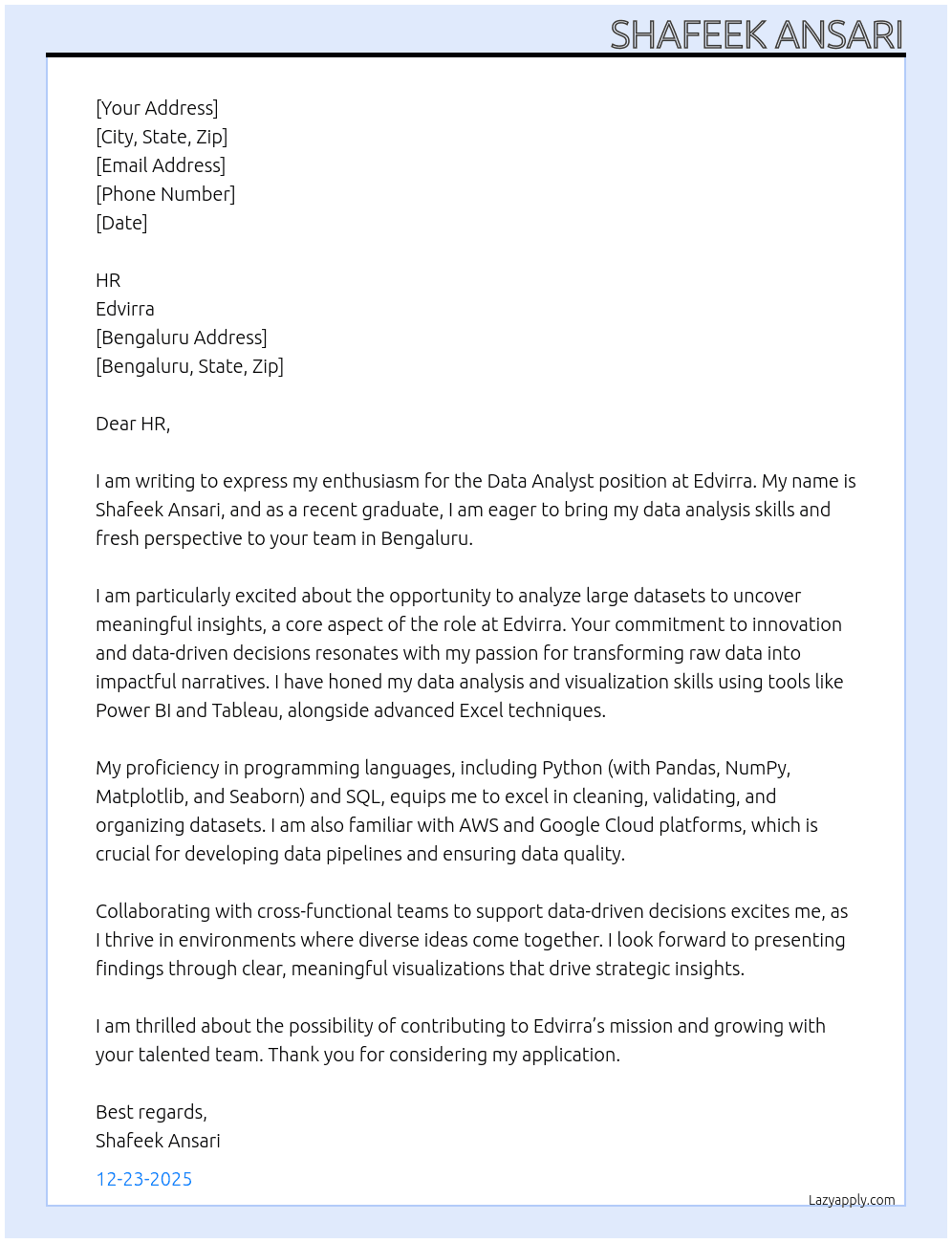 DATA ANALYST [FRESHER] At EDVIRRA Cover Letter