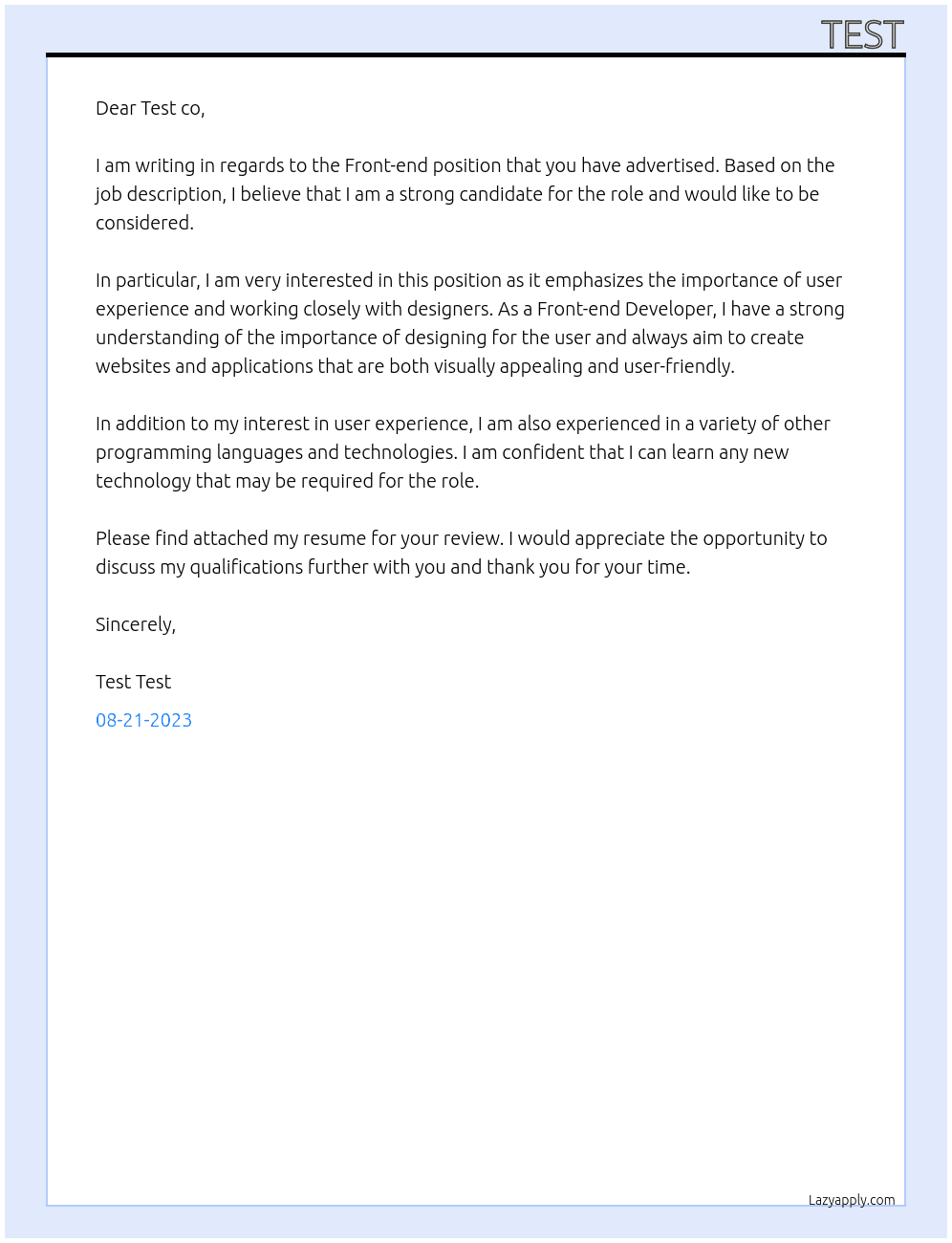 Front-end At Test co Cover Letter