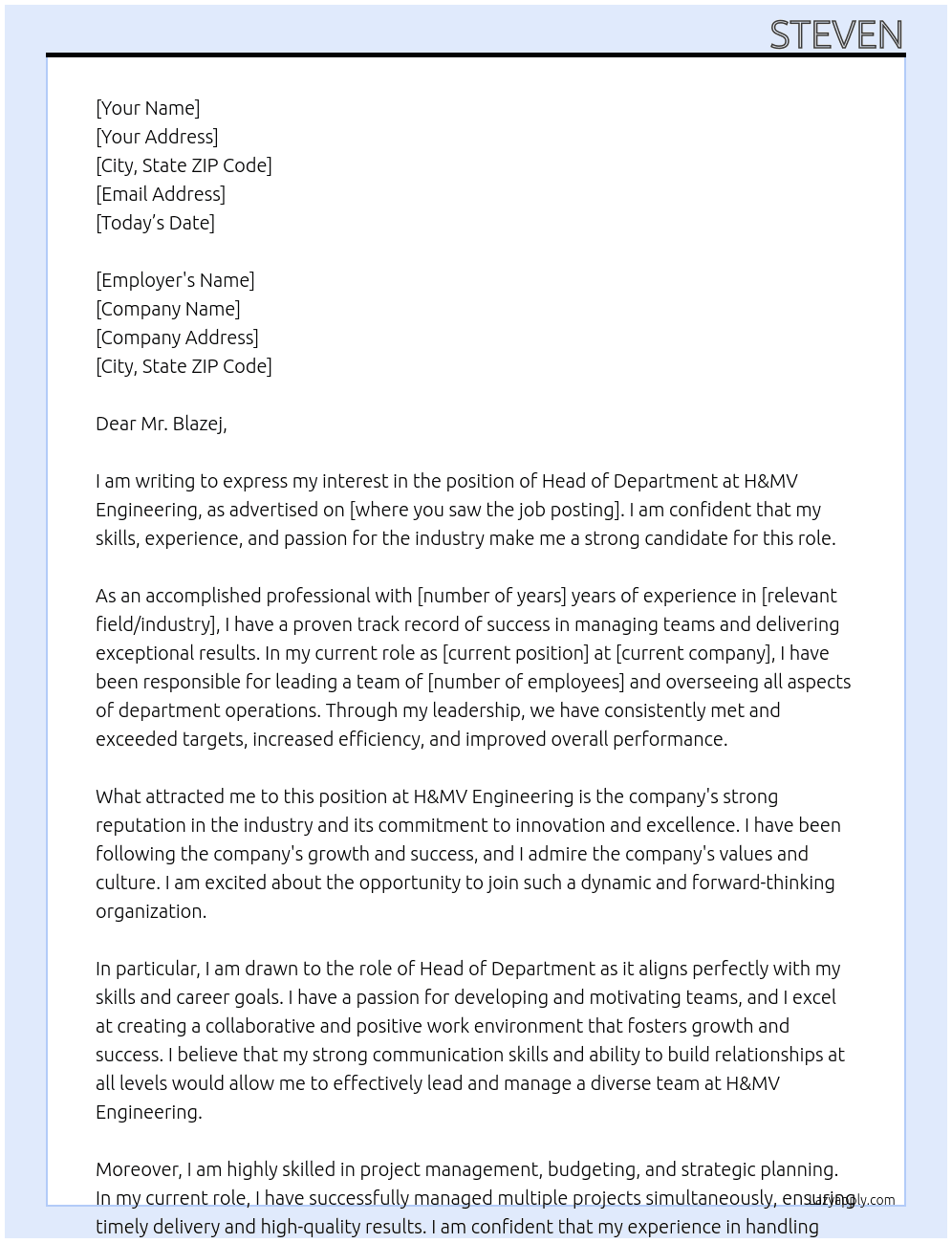 Head of Department At H&MV Engineering Cover Letter