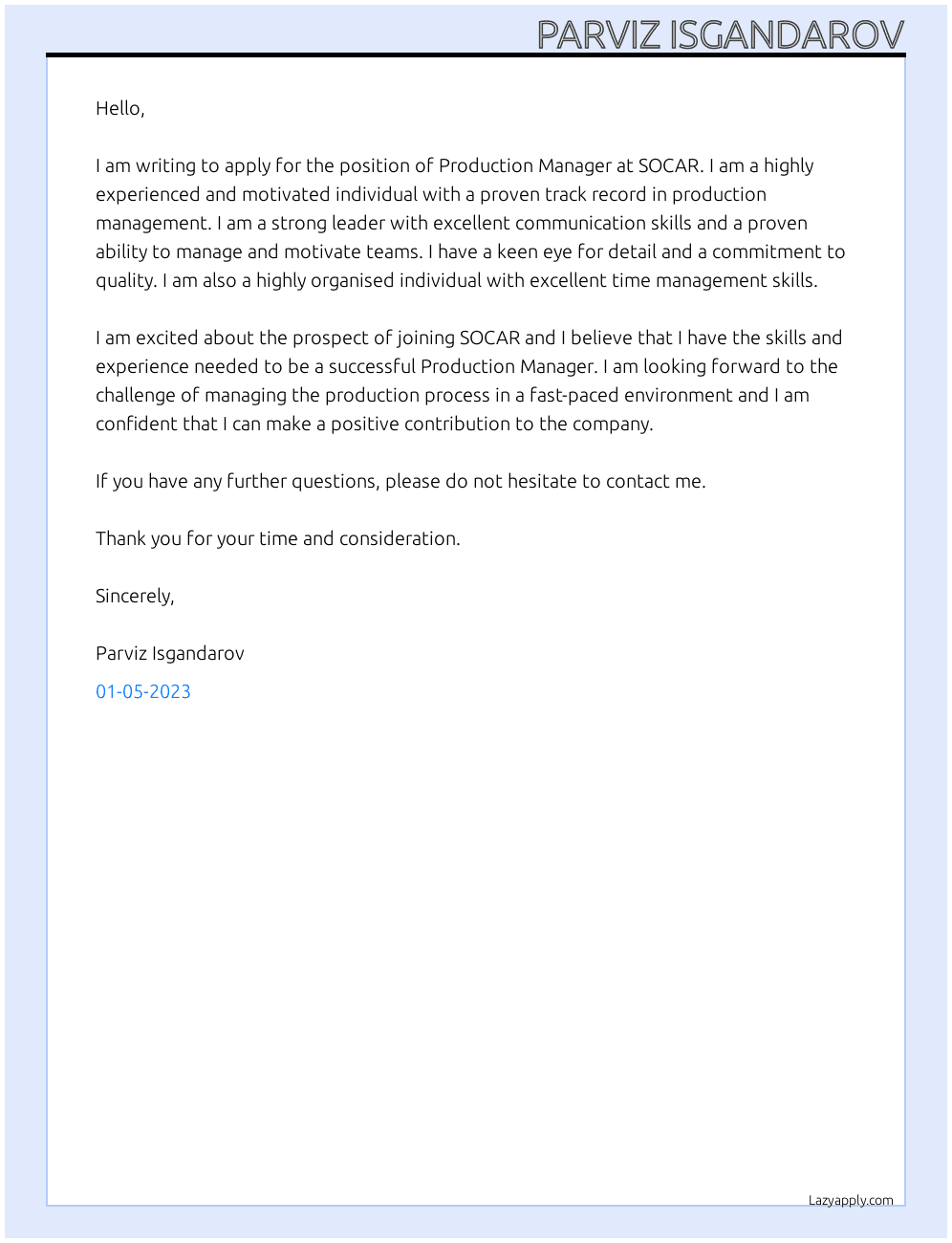Production Manager At SOCAR  Cover Letter