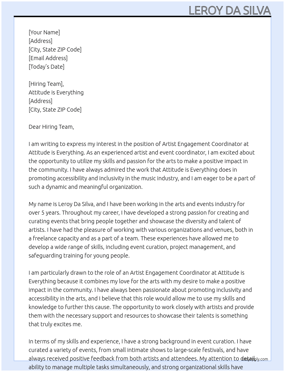 Artist Engagement Coordinator At Attitude is Everything Cover Letter