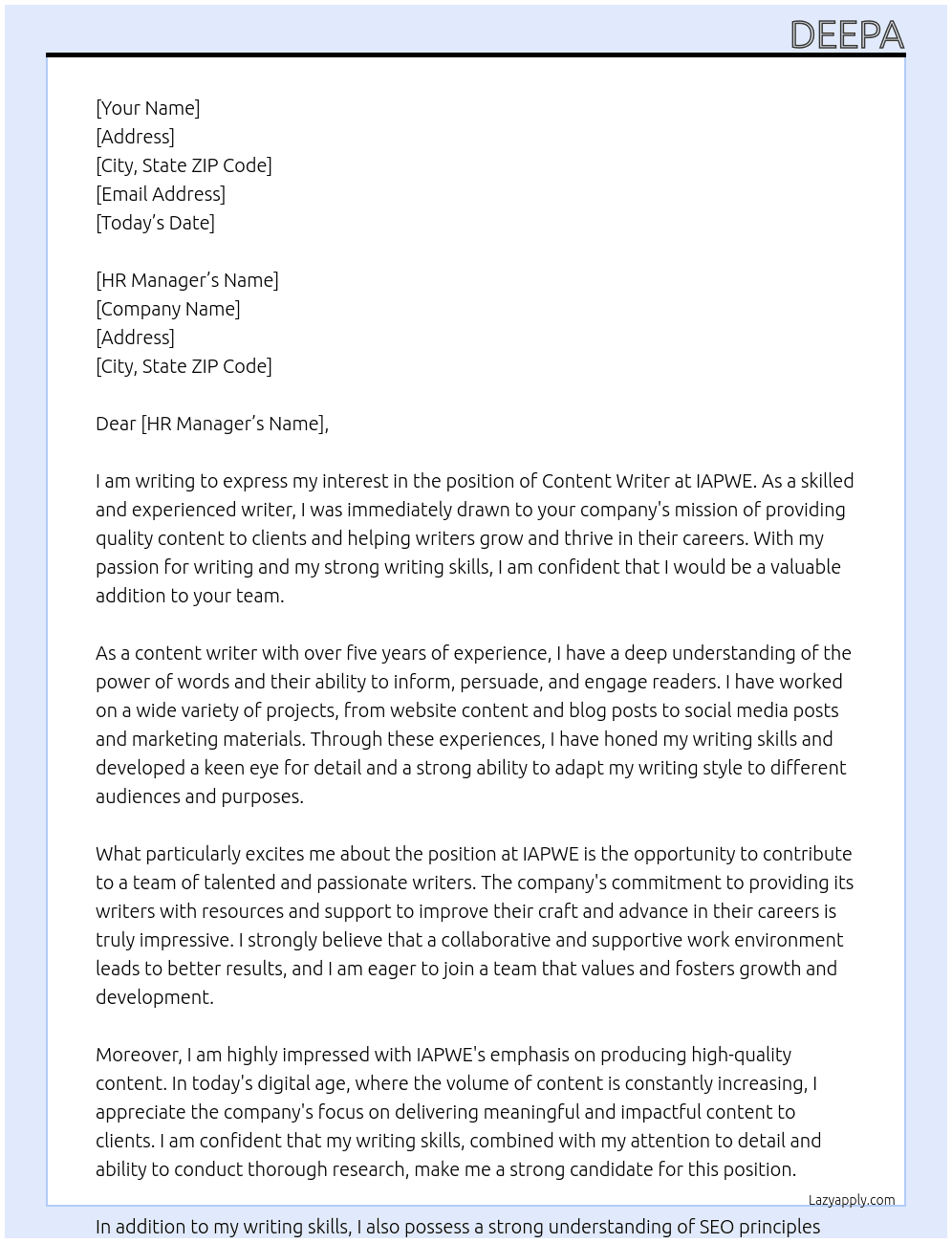 content writer At IAPWE Cover Letter