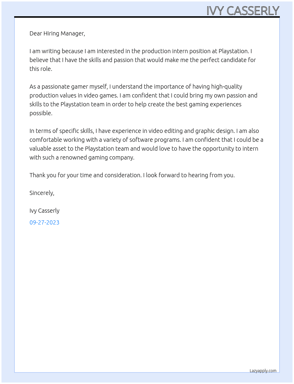 Production Intern At Playstation Cover Letter