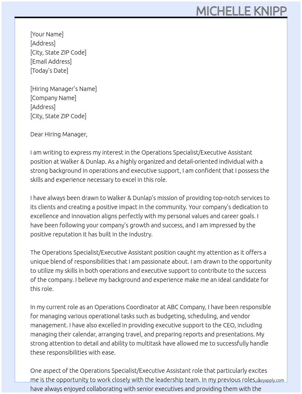 Operations Specialist/Executive Assistant At Walker & Dunlap Cover Letter