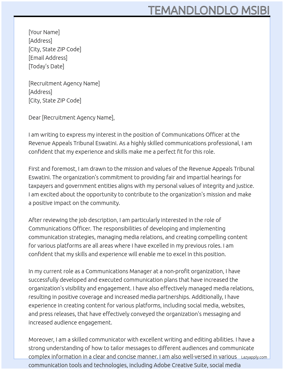 Communications Officer At REVENUE APPEALS TRIBUNAL ESWATINI Cover Letter