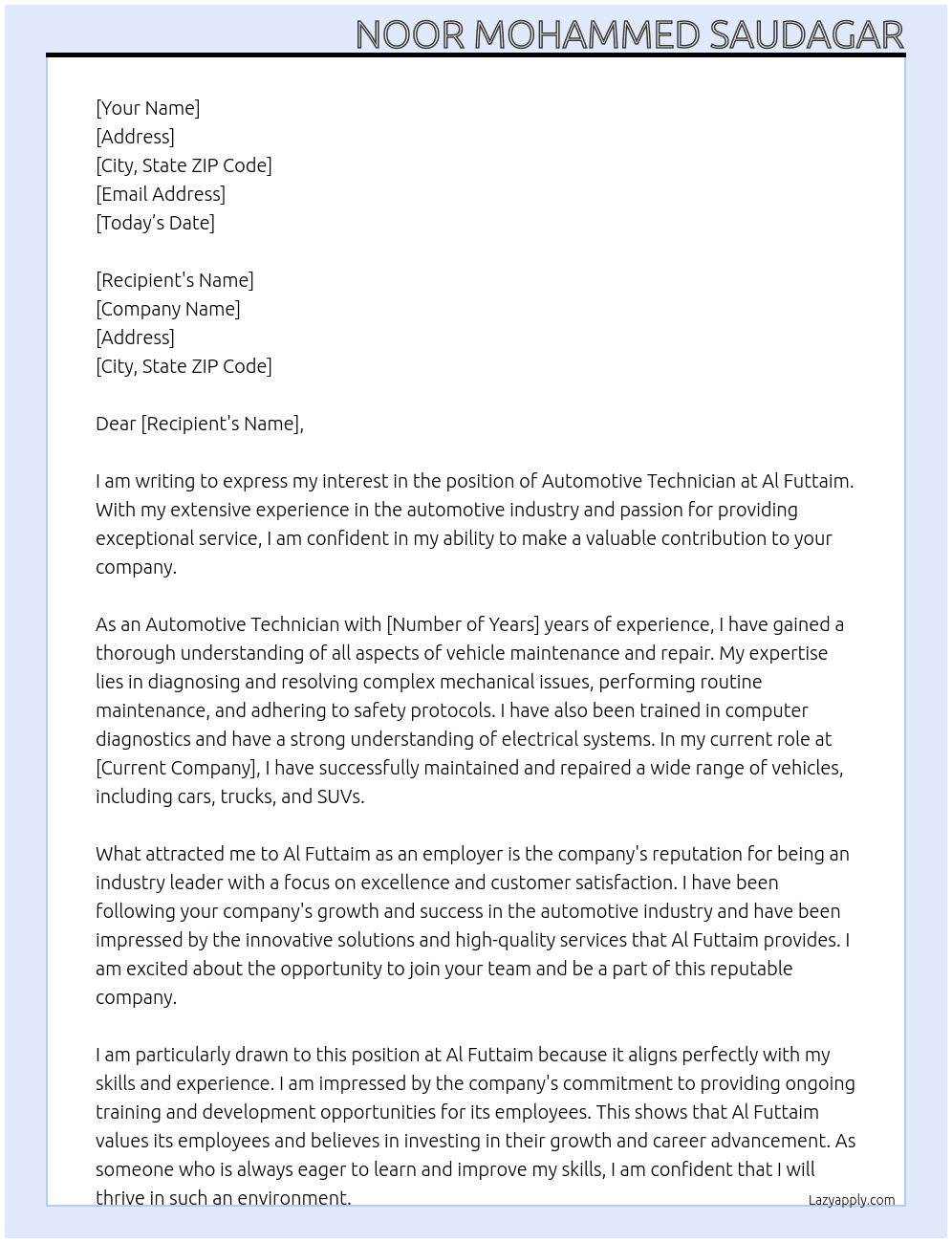 Automotive Technician At Al Futtaim Cover Letter