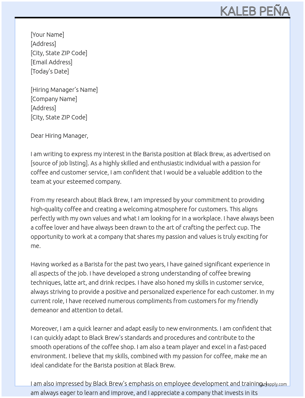 Barista At Black Brew  Cover Letter