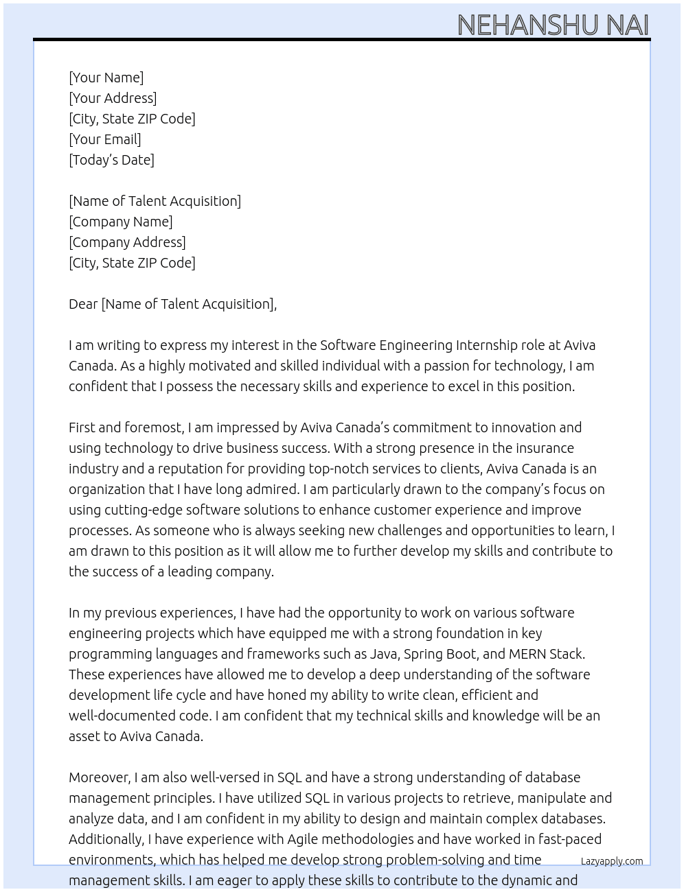 Software Engineering At  Aviva Canada Cover Letter