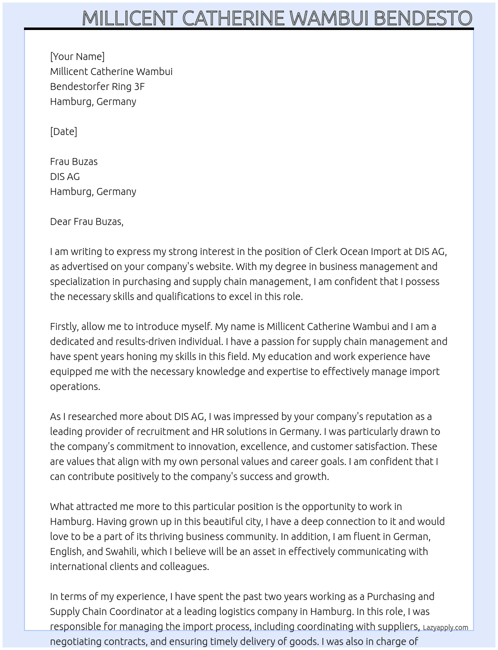 Clerk Ocean Import At DIS AG Cover Letter