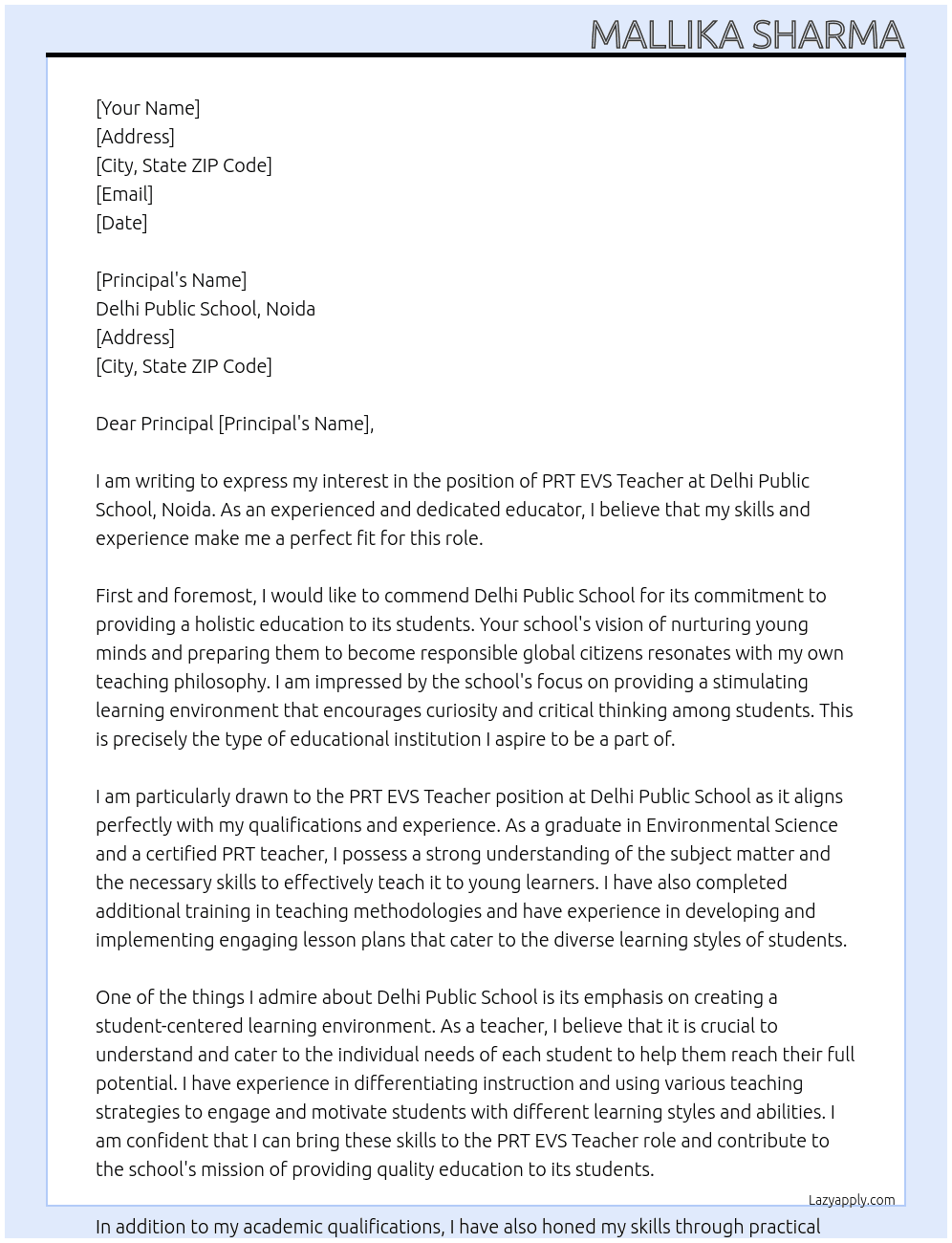 PRT EVS Teacher At Delhi Public School, Noida Cover Letter