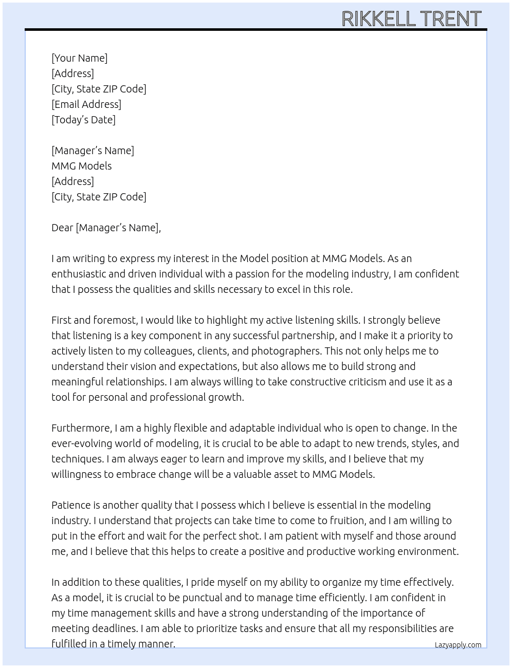 Model At MMG Models  Cover Letter