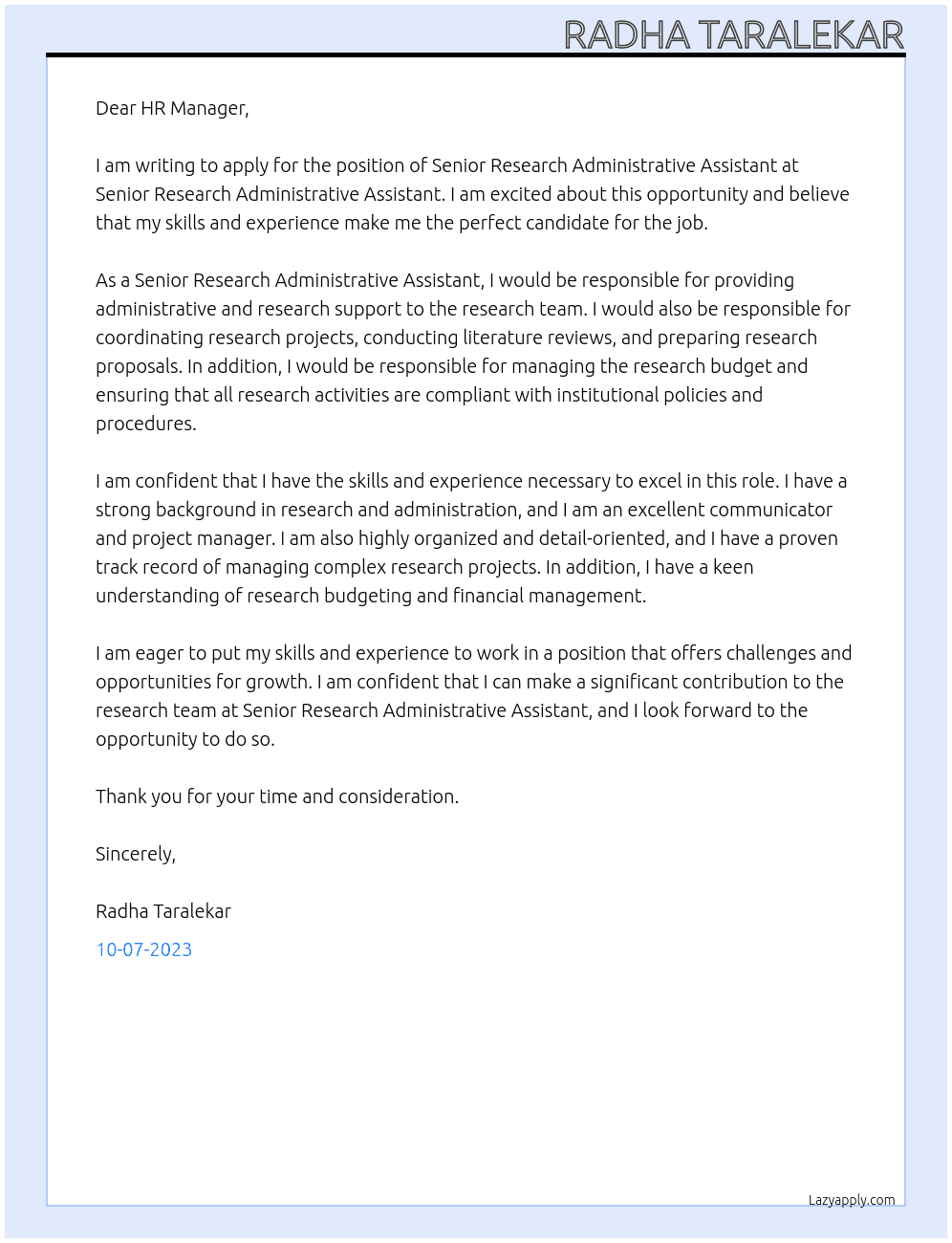 Senior Research Administrative Assistant At Senior Research Administrative Assistant Cover Letter