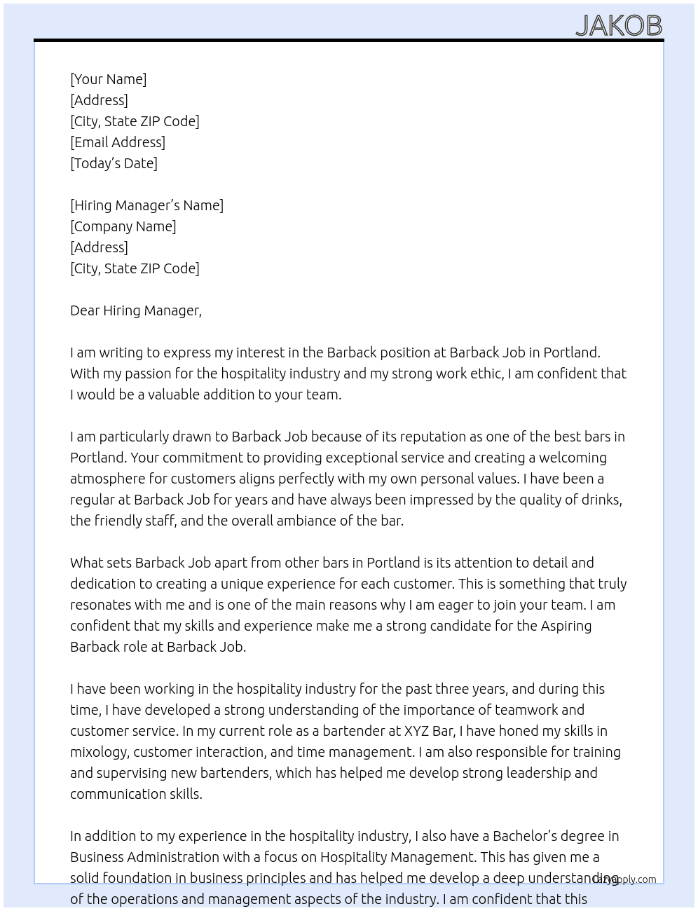 Barback At Barback job Cover Letter
