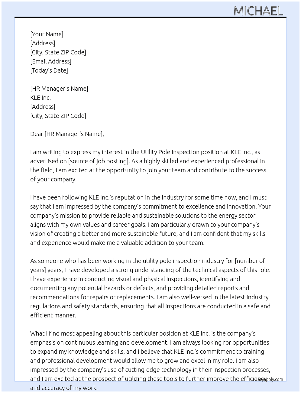 Utility Pole Inspection  At KLE Inc. Cover Letter