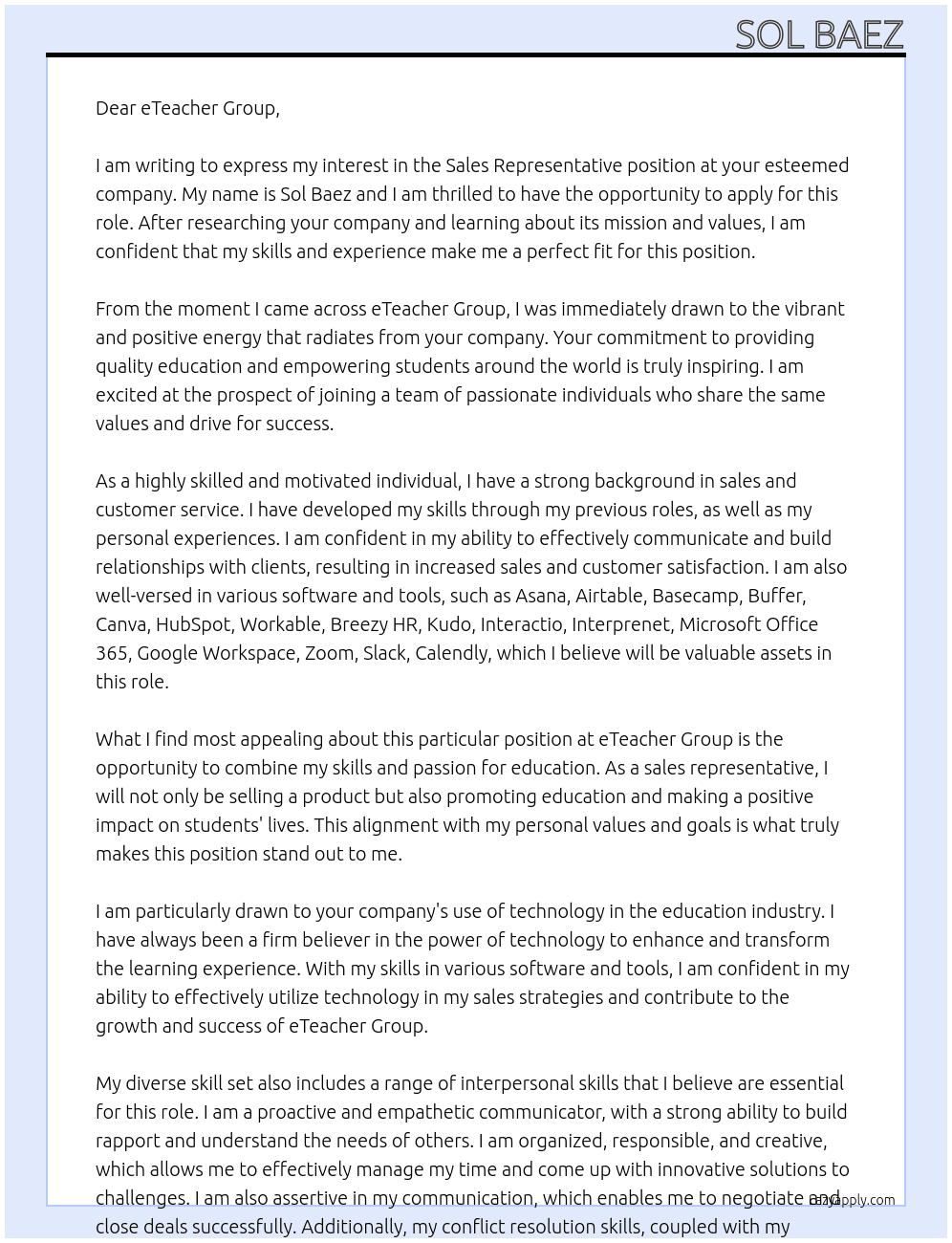 Sales Representative At eTeacher Group Cover Letter