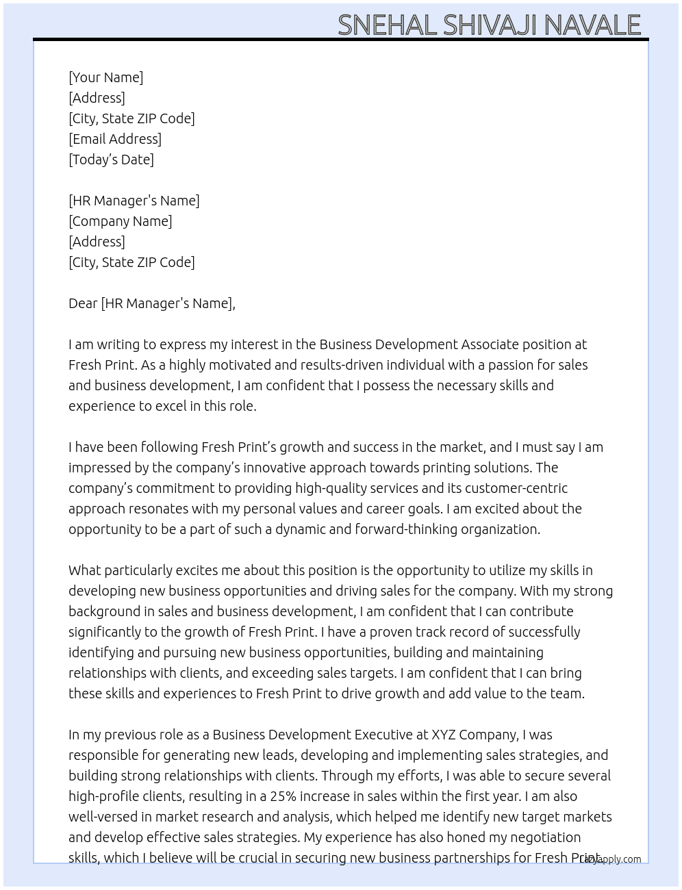 Business development associate  At Fresh print  Cover Letter