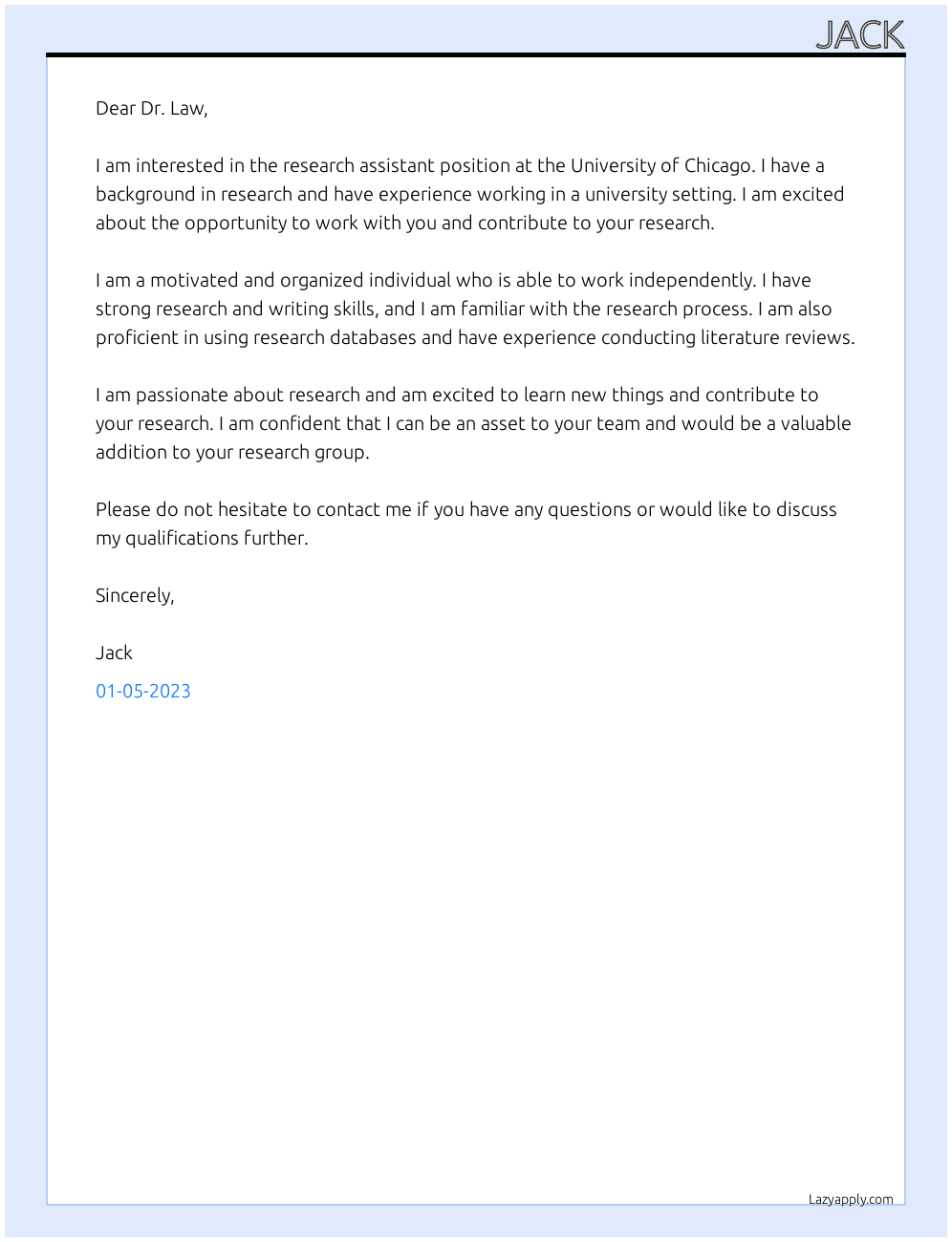 Research Assistant At University Of Chicago Cover Letter