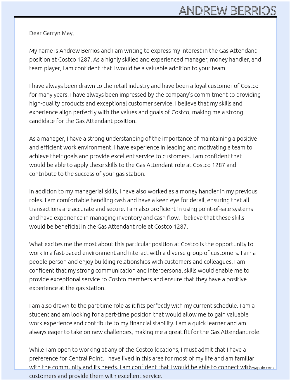 Gas Attendant At Costco 1287 Cover Letter