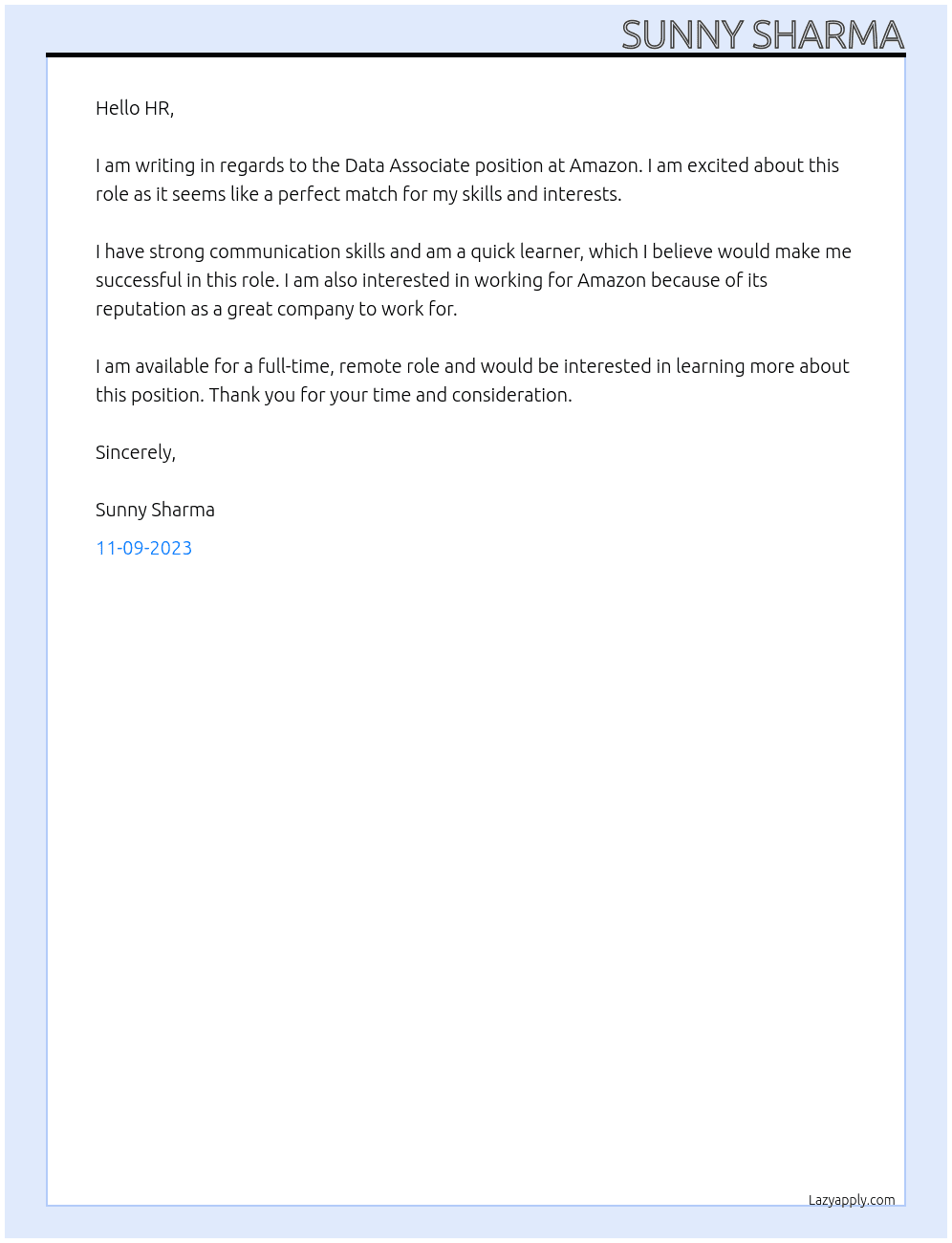 Data Associate At AMAZON Cover Letter