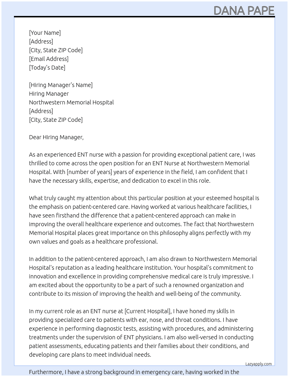ENT Nurse At Northwestern Memorial Hospital Cover Letter