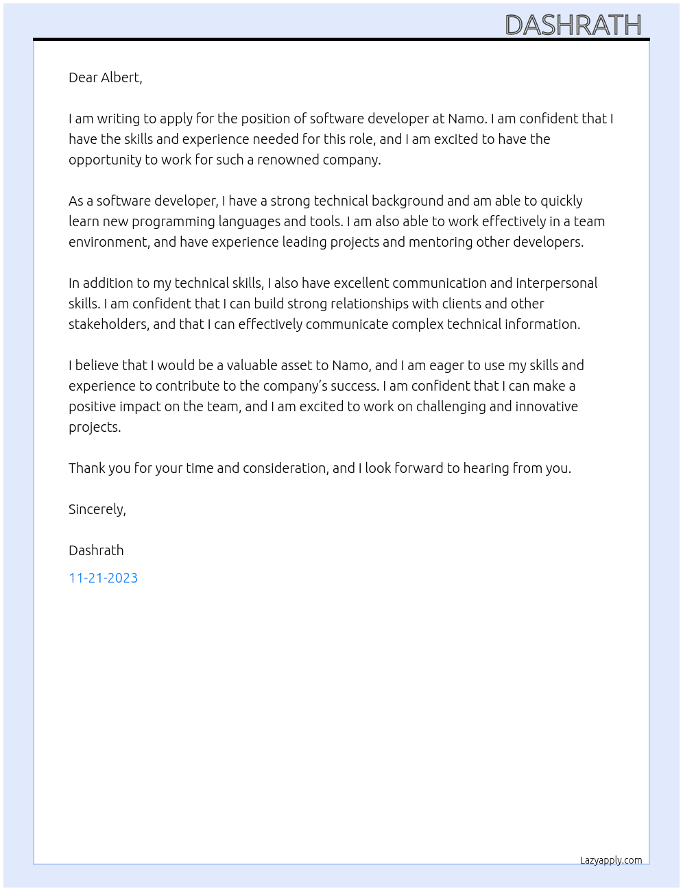 software developer At Namo Cover Letter