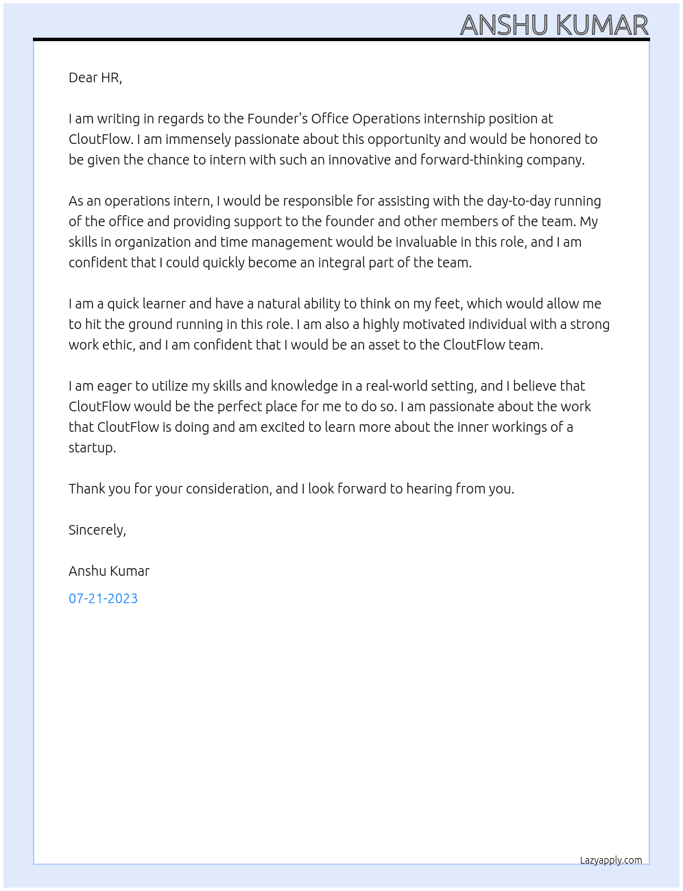 Founder's Office Operations internship At CloutFlow Cover Letter