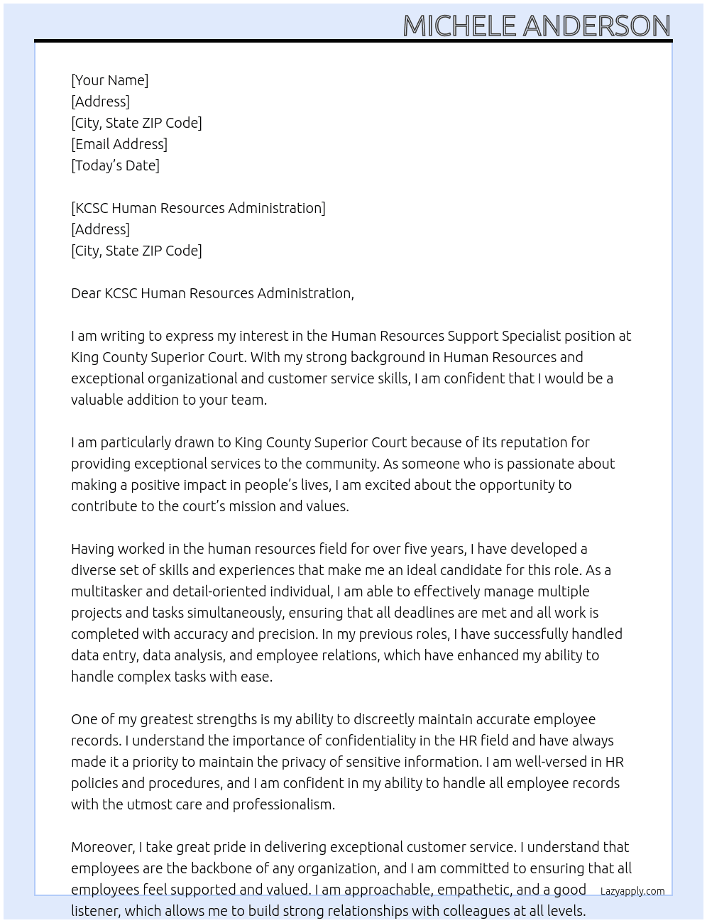 Human Resources Support Specialist At King County Superior Court Cover Letter