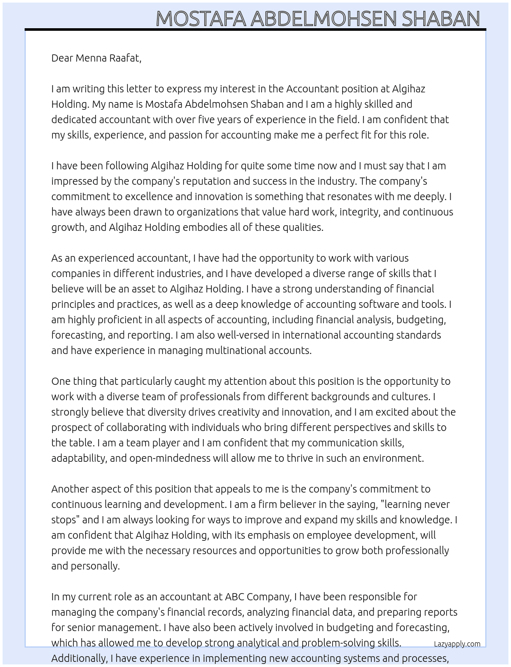 Accountant At Algihaz Holding Cover Letter