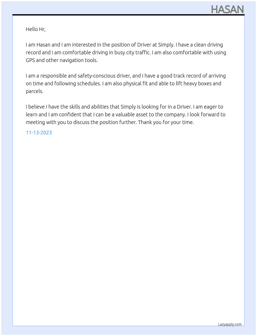 Driver At Simply  Cover Letter