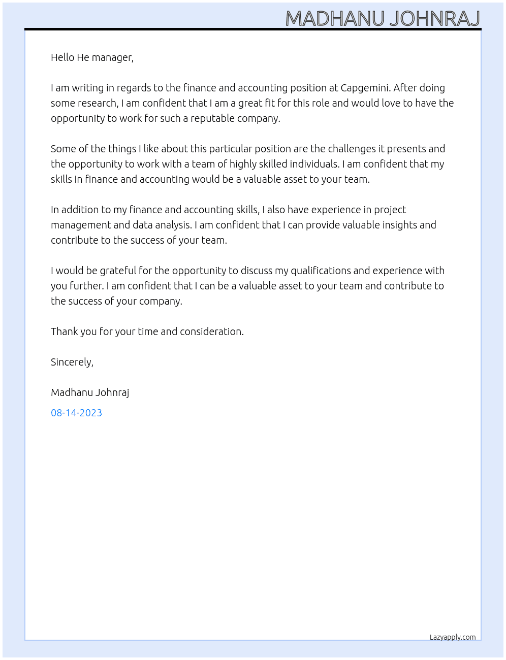 Finance and accounting  At Capgemini  Cover Letter