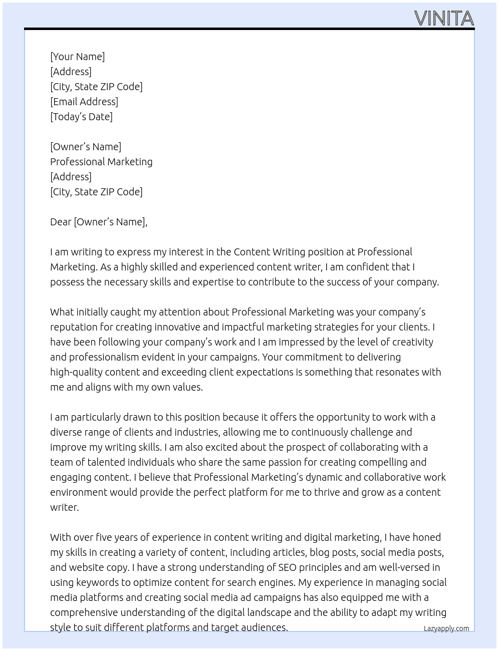 Content writing  At Professional marketing  Cover Letter