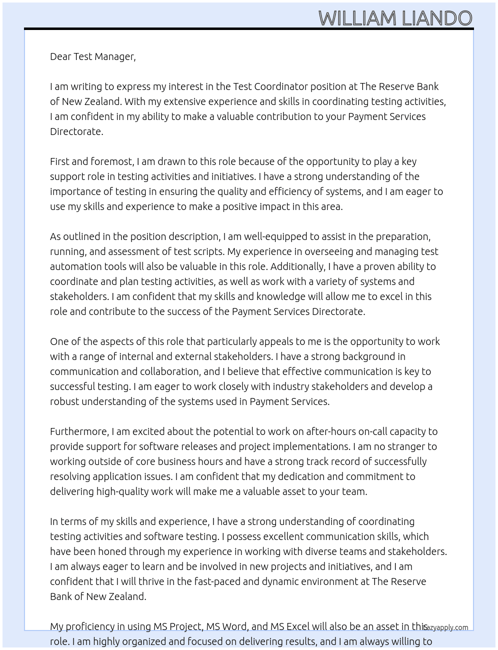 Test Coordinator At The Reserve Bank of New Zealand Cover Letter