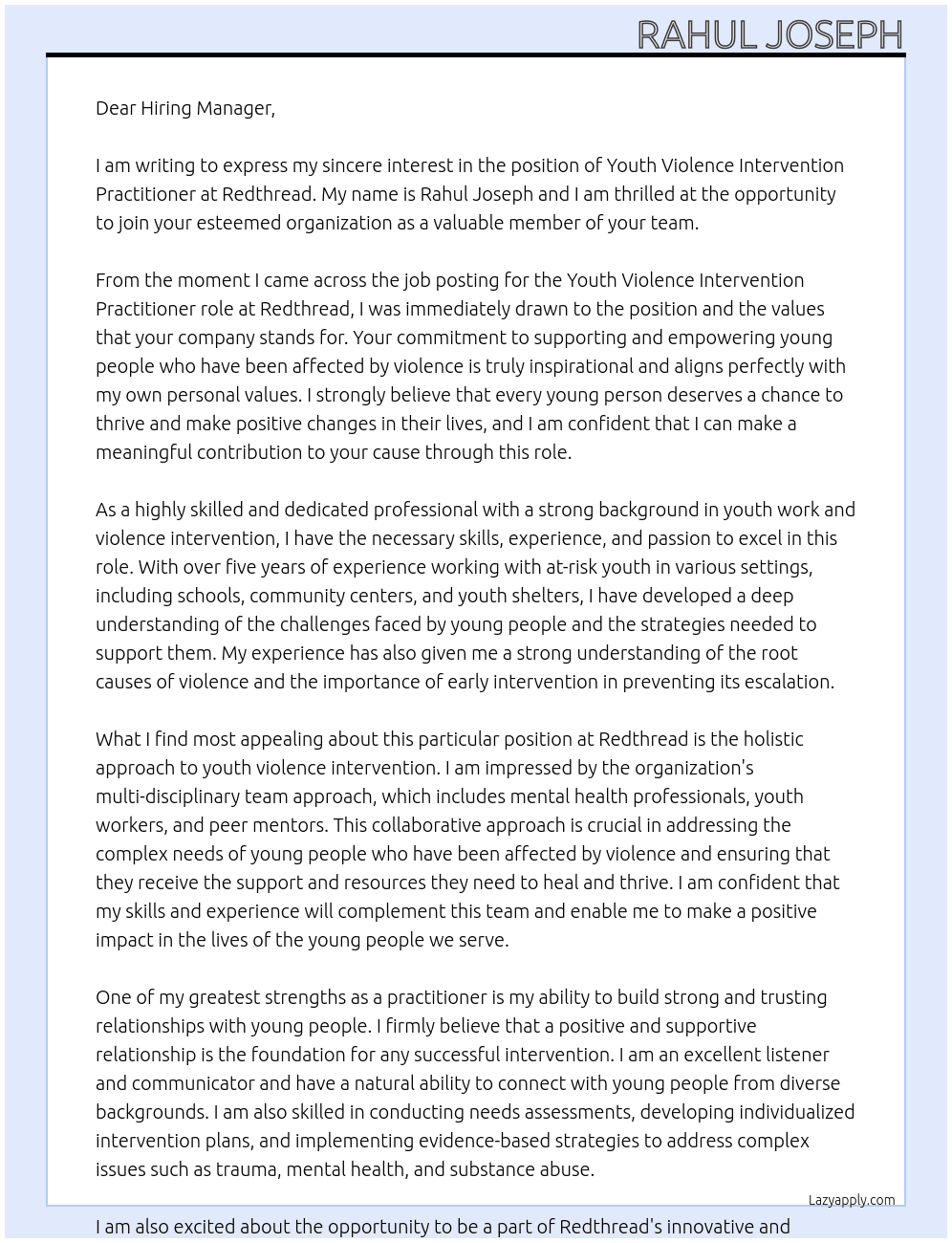 Cover letter for youth violence intervention practitioner - LazyApply