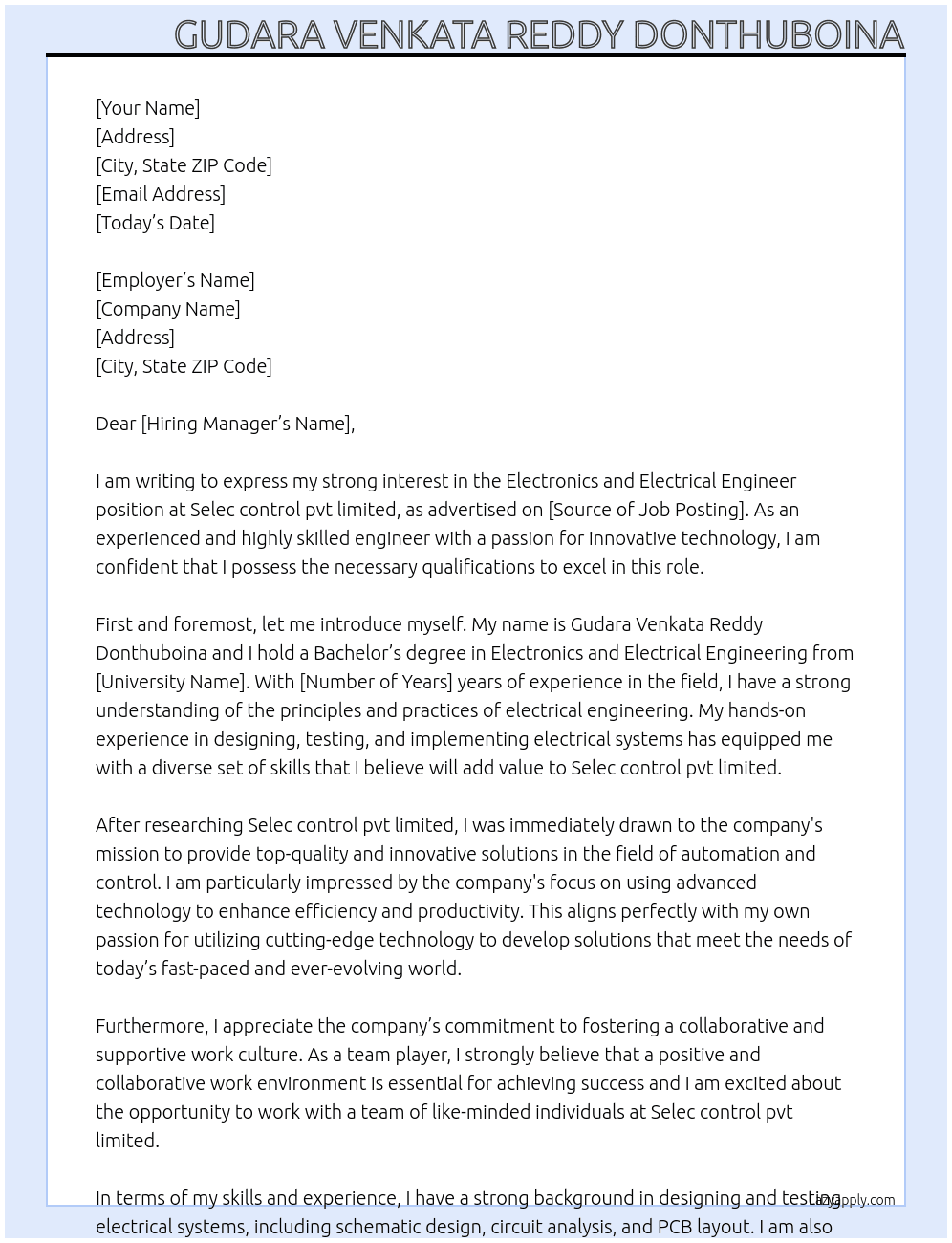Electronics and Electrical Engineer At Selec control pvt limited Cover Letter