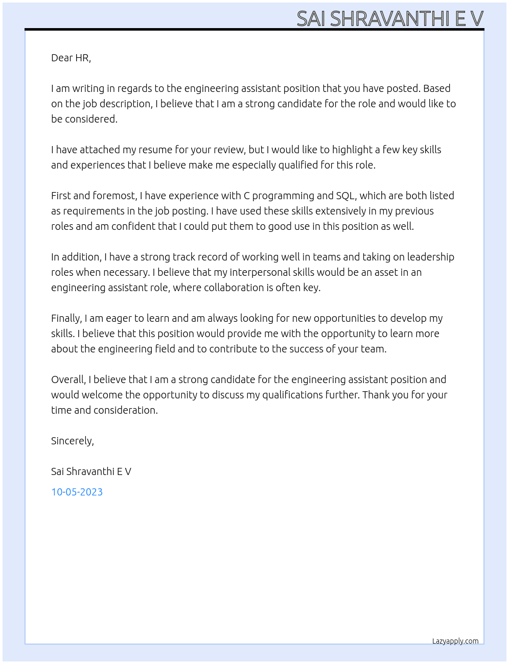 engineering assistant At sanmina Cover Letter