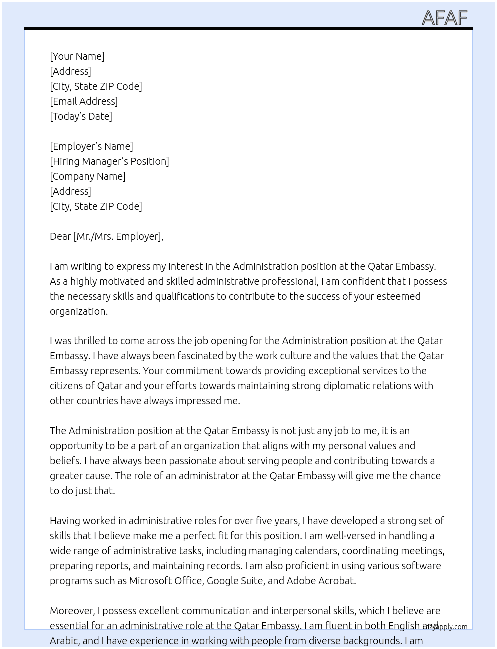 administration At Qatar embassy Cover Letter
