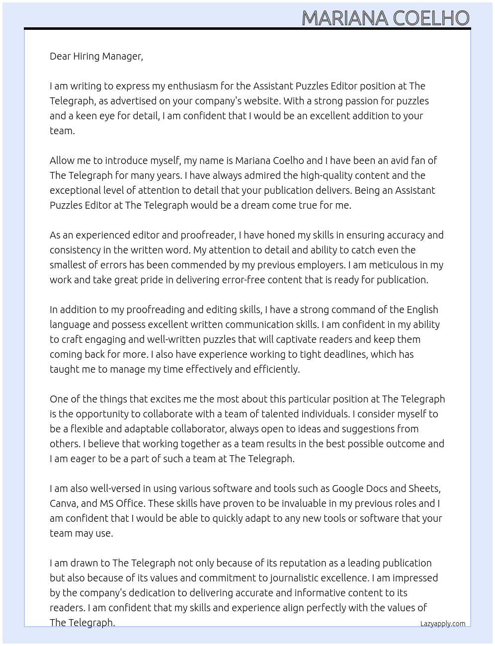 Assistant Puzzles Editor At The Telegraph Cover Letter